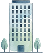 Modern office building surrounded by trees representing professional business catering services