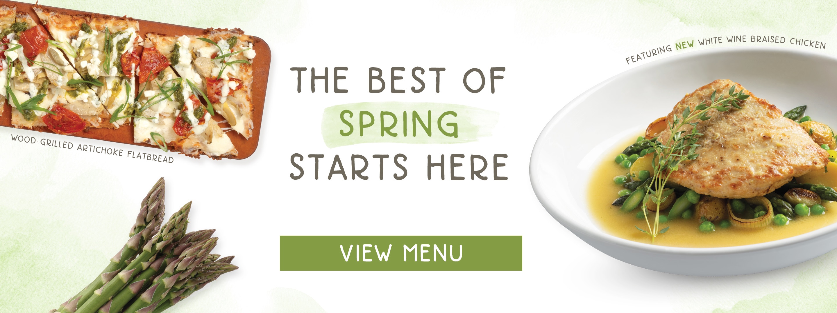 Seasons 52's white wine braised chicken, flatbread, and asparagus next to text that reads: 'The Best of Spring Starts Here. View Menu'