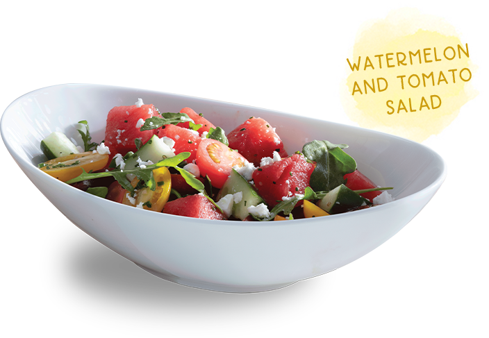 Watermelon and Tomato Salad topped with Feta cheese and tossed in a lime vinaigrette.