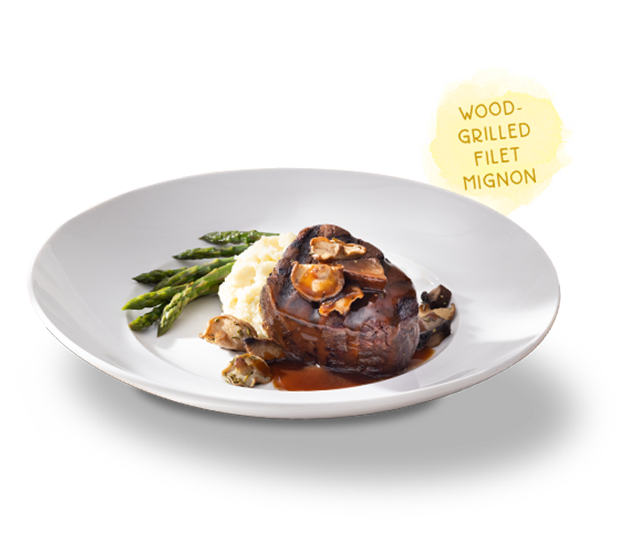Wood-Grilled Filet Mignon with Asparagus, Yukon Mash, and topped with red wine sauce and mushrooms
